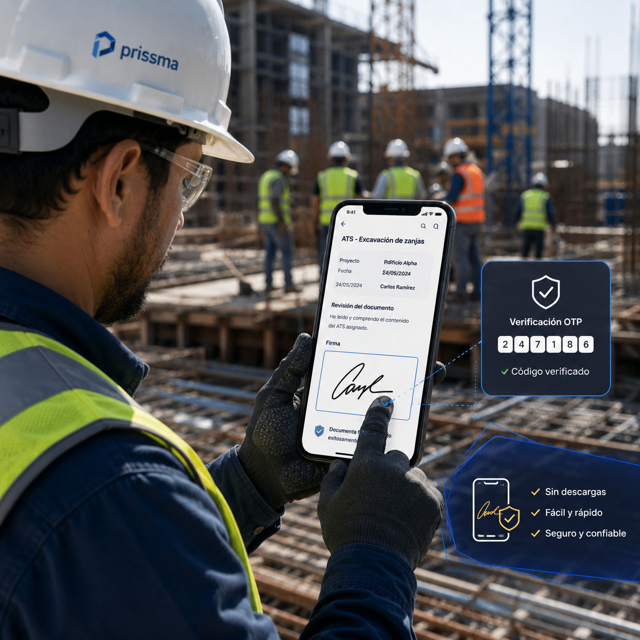 Trabajador de construcción usando su smartphone para firmar digitalmente un documento ATS